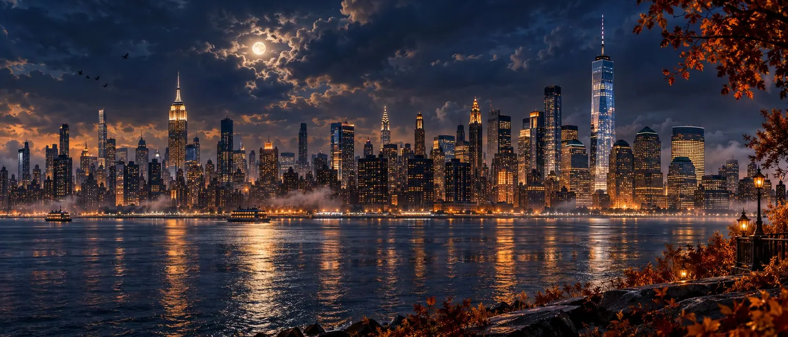 A painting of New York's skyline across the river at night under a full moon.